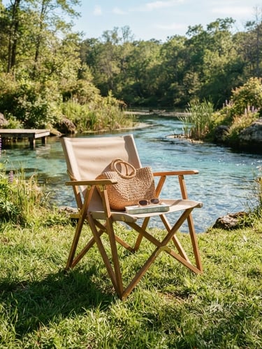Bright outdoor lifestyle photography of a sleek, modern folding chair set up on a sunlit lawn near a freshwater spring, warm natural sunlight, sharp focus.