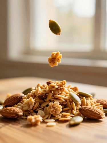 Macro shot of crunchy golden granola clusters with toasted pumpkin seeds and almonds falling onto a wooden surface, warm golden-hour window light, shallow depth of field, 35mm
