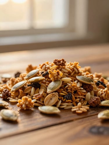 Close-up of golden-brown granola clusters and toasted pumpkin seeds on a rustic wooden table, warm golden-hour window light, shallow depth of field, 35mm