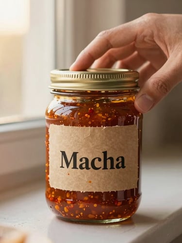 Warm editorial food photography, soft golden-hour window light, a close-up of a hand placing a rustic paper label on a glass jar of salsa macha, rich chili oil textures, shallow depth of field, 35mm