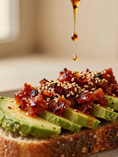 Close-up of rich red salsa macha showing glistening chili flakes and sesame seeds being drizzled over fresh avocado toast, soft warm lighting, shallow depth of field, 35mm