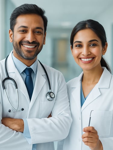 Professional portrait of a caring Indian male pediatrician and a female dentist standing together in a bright, modern clinic hallway, smiling warmly.