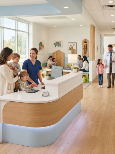 Bright clinical photography of a modern, clean pediatric reception desk with soft blue accents, warm natural daylight, and a caring doctor in the background.