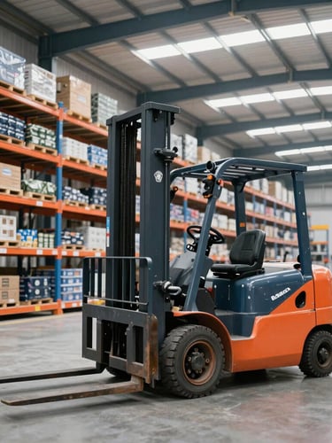 Wide environmental shot of a modern high-ceiling warehouse in Argentina, clean electric forklifts operating in selective racks, bright daylight, sharp industrial photography