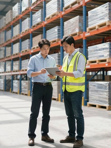 An engineer in a safety vest holding a digital tablet, consulting with a warehouse manager in front of high selective racks, bright natural daylight, technical consultation