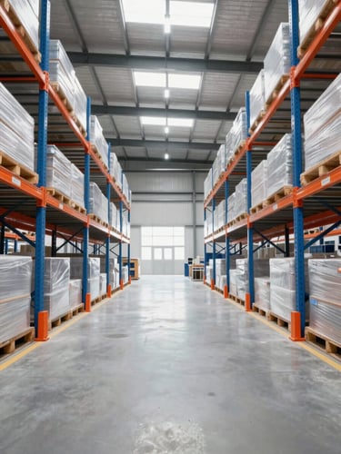 Wide shot of a clean modern high-ceiling warehouse with selective racks, bright daylight, professional industrial environment