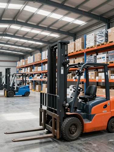 Wide environmental shot of a modern high-ceiling warehouse with selective rack installations, clean electric forklifts in motion, bright daylight filtering through skylights, professional industrial photography