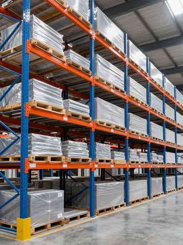 High-density selective racks extending to the high ceiling in a bright, modern warehouse, portrait aspect, sharp focus.
