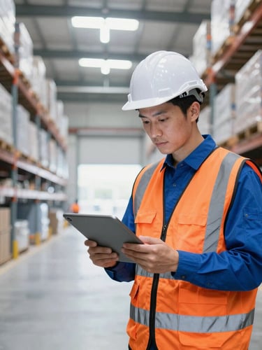 Professional logistics engineer in safety vest analyzing warehouse floor plans on a tablet computer, bright industrial lighting.