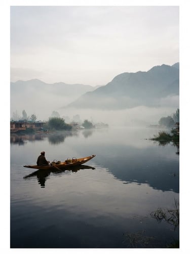 A vertical 35mm film photograph of Dal Lake in morning mist, soft diffused light, a single wooden shikara floating in the distance, quiet luxury aesthetic