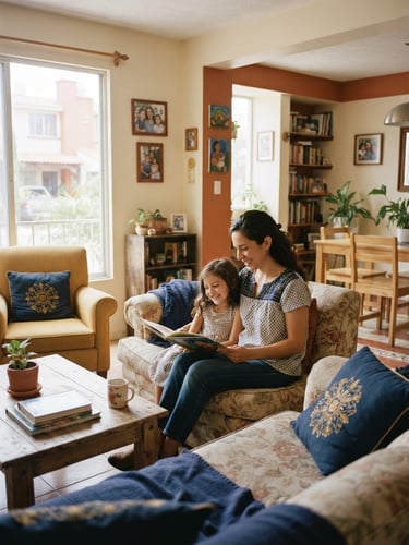 Warm editorial photography of a clean middle-class family home in Nuevo León, soft natural daylight, feeling of relief and security, 35mm.