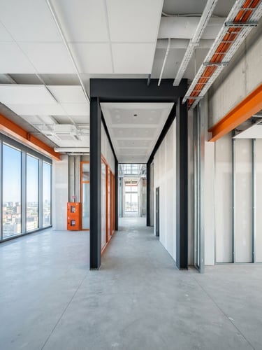 Wide panoramic shot of a modern, clean construction site interior with precise drywall installation, bright natural daylight streaming through large windows, high-contrast anthracite and orange elements, sharp focus, 24mm wide-angle, no people visible.