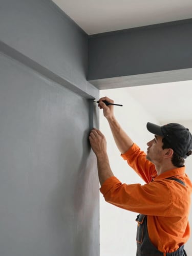 Professional portrait of a skilled craftsman in branded workwear, focused on a precise detail of a finished interior, such as a perfectly mitered corner or a smooth painted wall. Crisp natural light, architectural framing.