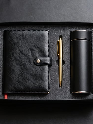 Wide panoramic studio shot, overhead flat-lay of a luxury corporate welcome kit containing a debossed black leather notebook, a gold pen, and a matte black thermal flask, nestled in custom foam, dramatic side lighting with deep shadows.