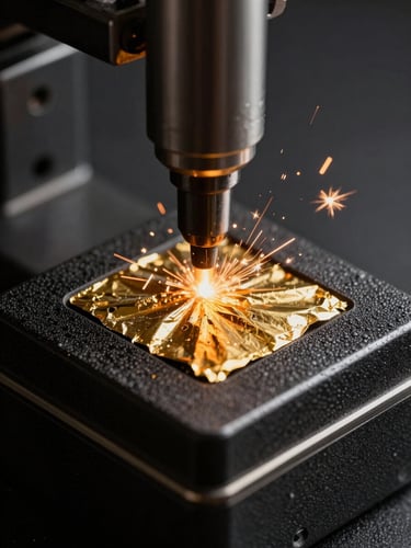 Macro portrait shot of a metal hot-stamping die pressing gold foil onto a textured black box lid, sparks of light, dramatic dark studio lighting.