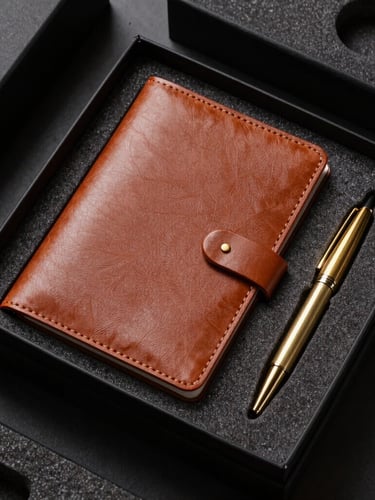 Overhead flat-lay of a luxury executive gift box, featuring debossed Italian leather notebook, brushed brass pen, and custom foam inserts, dramatic studio lighting with deep shadows.