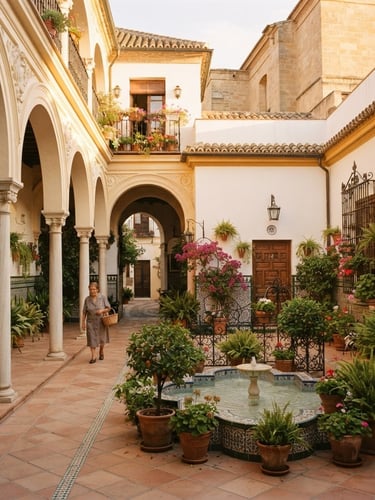 Elegant architectural wide shot of a sun-drenched Andalusian courtyard in Seville, warm golden-hour European sunlight, rich desaturated tones, 35mm photography