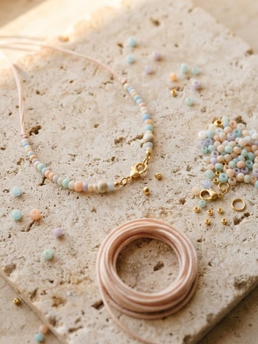 Overhead flat-lay of delicate pastel beads, gold clasps, and a silk cord on raw travertine stone, warm golden-hour window light