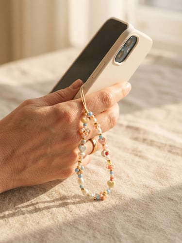 Close-up of a hand holding a smartphone adorned with a delicate beaded phone charm, soft golden-hour window light casting gentle shadows on a linen background.