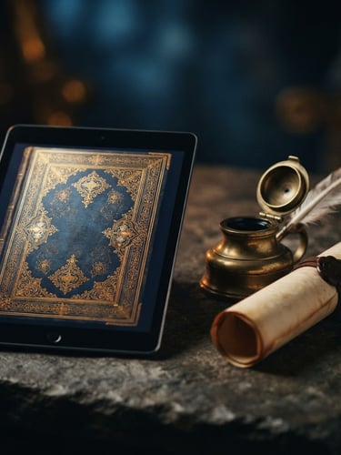 A digital tablet displaying an elegant book cover with gold lettering on a dark stone table, next to a classic brass inkwell and a rolled parchment scroll. Warm dramatic candlelit side light, deep blue shadows, shallow depth of field.