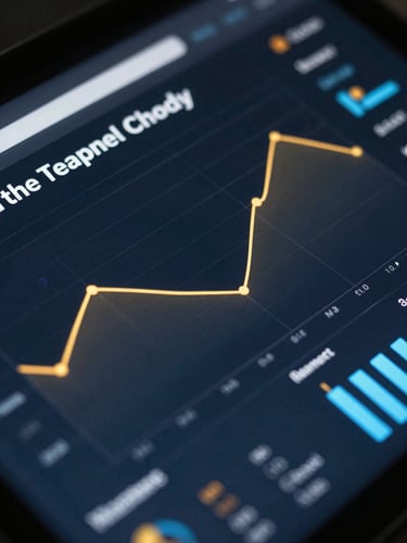 High-fidelity dark-themed business intelligence dashboard with gold and blue data visualization curves, sharp UI typography, angled macro crop, dramatic low-key lighting.