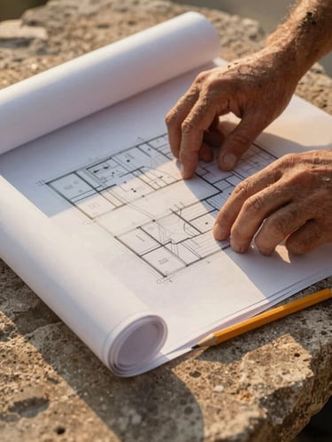 Close-up of weathered hands unrolling architectural plans on a rough stone surface, golden afternoon light raking across the paper and the texture of the stone, a pencil resting at the edge, Mediterranean warmth in the scene