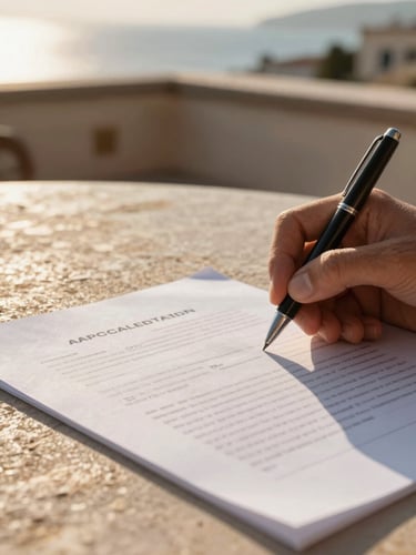 Close-up of a hand pressing a pen to a document on a sun-warmed stone table, golden Mediterranean afternoon light raking across the paper, a shallow terrace and blurred sea horizon in the background