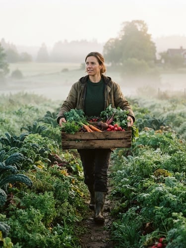 Candid medium shot of a farmer carrying a wooden crate of fresh produce through a misty field at dawn, soft scandinavian daylight.