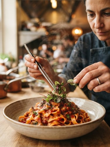 A close-up of a chef carefully placing microgreens on a steaming pasta dish, warm ambient kitchen light, shallow depth of field, rich crimson tones.