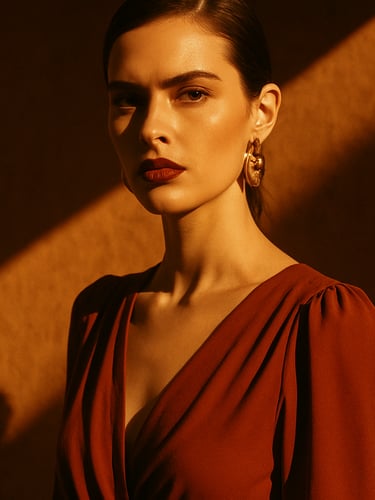 Editorial high-fashion portrait, sharp natural light, rich warm tones, 35mm film style, off-center composition with deep shadows