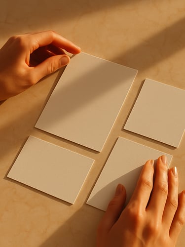 Close-up of elegant hands arranging clean minimalist branding layouts on a warm cream marble table, high-contrast golden-hour light, 35mm film style