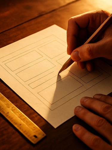 Warm editorial photography, close-up of hands sketching a design layout on a wooden table next to a brass ruler, high-contrast golden-hour light, 35mm film.