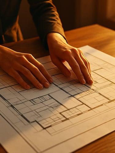 Close-up of elegant hands reviewing architectural layout on a warm oak desk, golden-hour window light, sharp focus, 35mm film