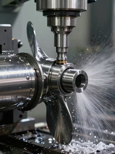 A high-precision CNC machine cutting a marine propeller shaft from a solid billet of stainless steel, coolant spray misting the cutting head.