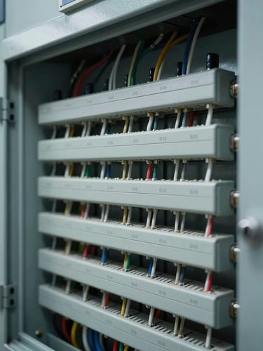 A close-up of an impeccably organized marine electrical panel, cool-toned daylight, wires labeled and routed in clean parallel lines, clinical focus.
