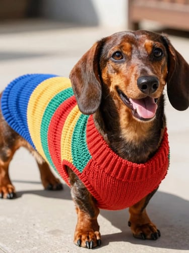 A happy Dachshund wearing a colorful custom-tailored knit sweater, standing comfortably on a sunny patio, close-up shot focusing on the perfect fit around its long chest, vibrant pet photography style.