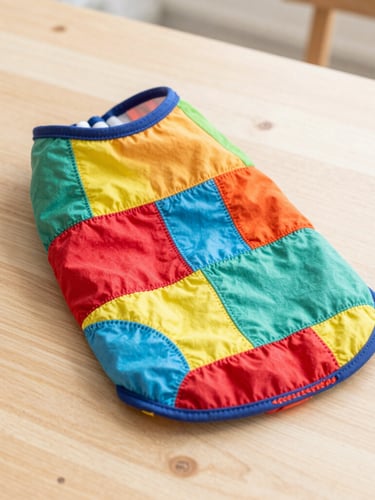 Eye-level medium shot of an artisan hand-crafting a colorful pet garment on a clean wooden table, bright natural daylight, focusing on the colorful fabric and precise stitching.