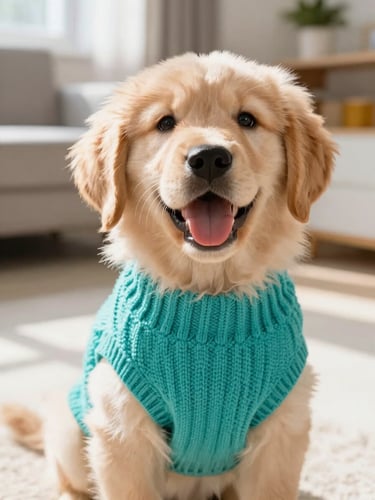 A joyful golden retriever puppy wearing a vibrant teal handmade sweater, sitting happily in a bright, sunlit living room, eye-level close-up, sharp focus.