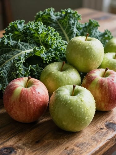 A rustic wooden table piled high with fresh Michigan apples and leafy green kale, soft morning sunlight casting gentle shadows.