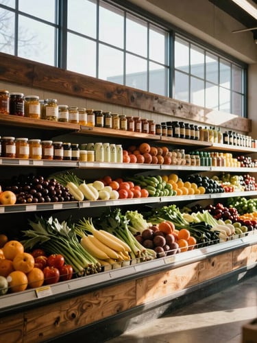 Daylight streaming through wide front windows of a Chicago grocery store, rustic wooden shelves stocked with colorful fresh produce and artisanal jars, warm morning glow.