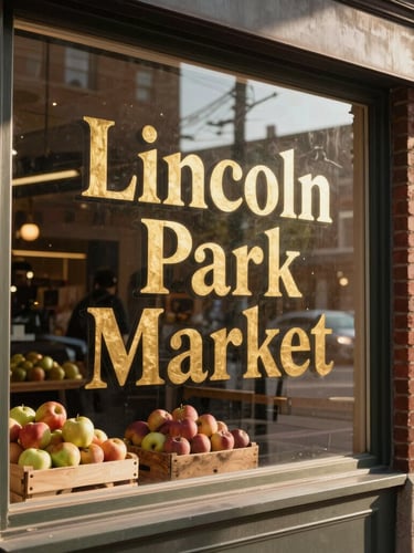 Warm afternoon light hitting the hand-painted gold leaf lettering of Lincoln Park Market on the historic brick storefront window, fresh crates of apples visible inside, Chicago street scene blurred in the background.