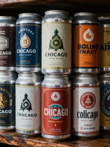 Close-up of condensation-covered local Chicago craft beer cans stacked neatly in a dark wooden cooler shelf, warm natural light hitting the labels.