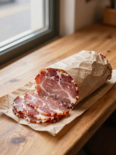 Freshly sliced deli meats wrapped in brown butcher paper on a wooden counter, soft daylight streaming from a storefront window, warm tones, high-angle portrait shot.