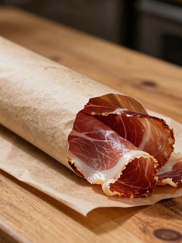 Close-up of freshly sliced prosciutto being wrapped in brown butcher paper on a wooden counter, warm side lighting.