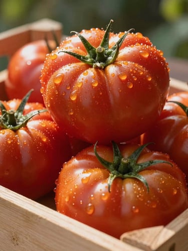 Close-up of vibrant heirloom tomatoes with morning dew, stacked neatly in a wooden crate, warm natural light streaming from the side.