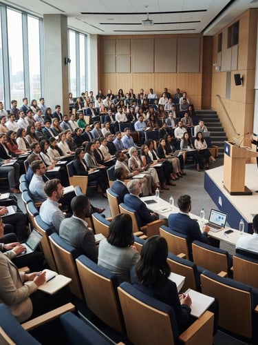 Wide environmental shot of an active, modern lecture hall filled with an engaged professional audience, bright natural indoor lighting, crisp daylight, corporate navy accents.