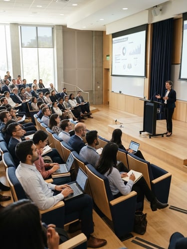 A bright professional lecture hall with an engaged academic audience, keynote speaker presenting at a clean lectern in the background, natural indoor lighting, corporate navy accents.
