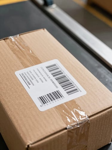 Close-up overhead shot of a cardboard parcel with a printed barcode label on a warehouse sorting belt, bright north-facing daylight, sharp label detail visible mid-frame