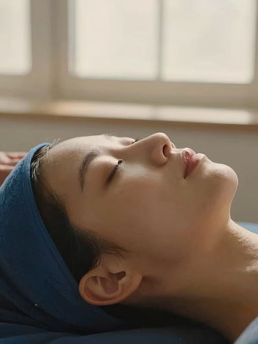 Warm editorial photography, soft dramatic window light, close-up of relaxed skin during a luxurious facial treatment, soft golden light, hands with medical precision, serene environment