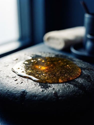 Macro editorial photograph of warm golden oil glistening on a smooth dark basalt stone, soft diffused window light, deep blue shadows, minimalist luxury spa ambiance